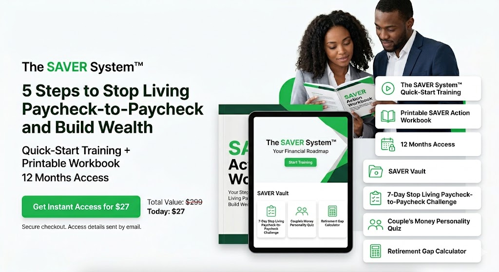 African American couple at a desk reviewing The SAVER System™ course on a laptop showing the Your Financial Roadmap dashboard and SAVER Vault with the 7-Day Paycheck-to-Paycheck Challenge, Couple's Money Personality Quiz, and Retirement Gap Calculator, next to a printed SAVER Action Workbook and a SAVER Vault mug, with a Get Instant Access for $27 call-to-action.