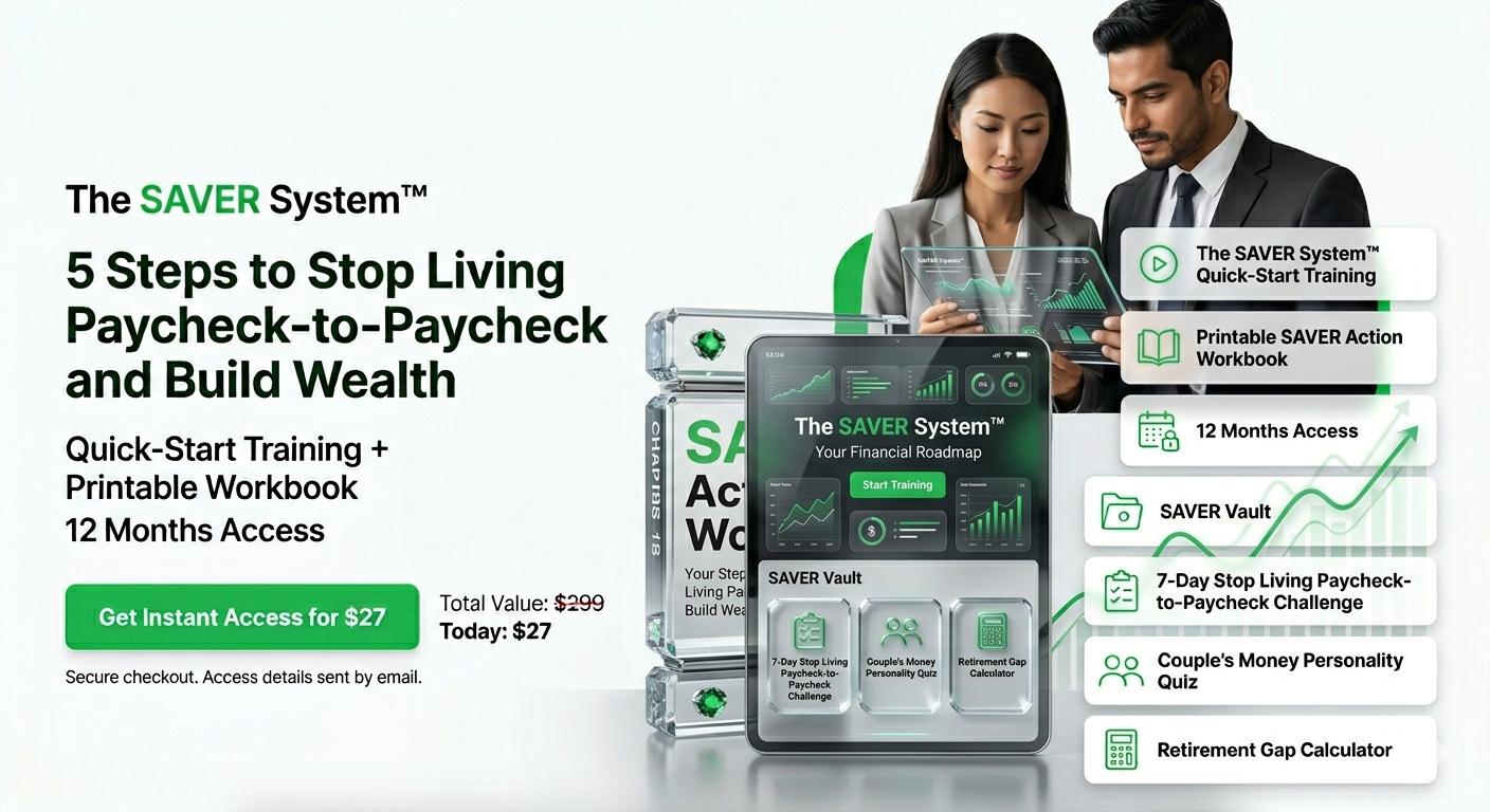 The SAVER System™ offer breakdown: Quick-Start Training, Printable SAVER Action Workbook, 12 Months Access, SAVER Vault, 7-Day Stop Living Paycheck-to-Paycheck Challenge, Couple's Money Personality Quiz, and Retirement Gap Calculator.